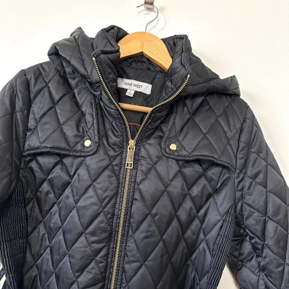 Nine West Black Diamond Quilted Puffer Jacket Belted Hooded Coat Large Chic - Picture 2 of 11